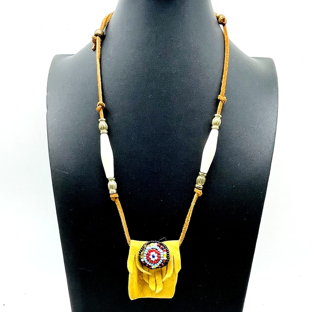 Vintage Yellow Suede Coin Purse Pendant Necklace White Beads Boho Unsigned Charm